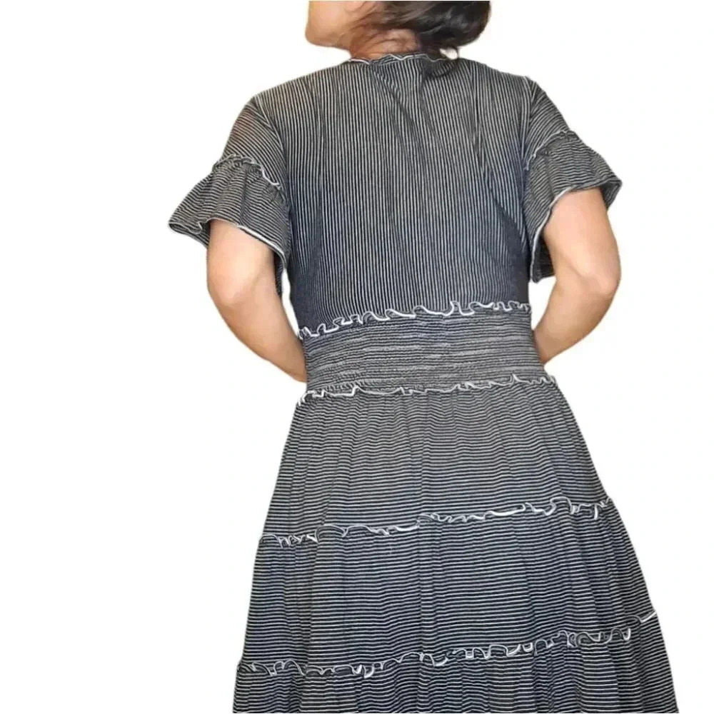 Max Studio New Smocked Waist Tiered Dress Black and White - Picture 4 of 5